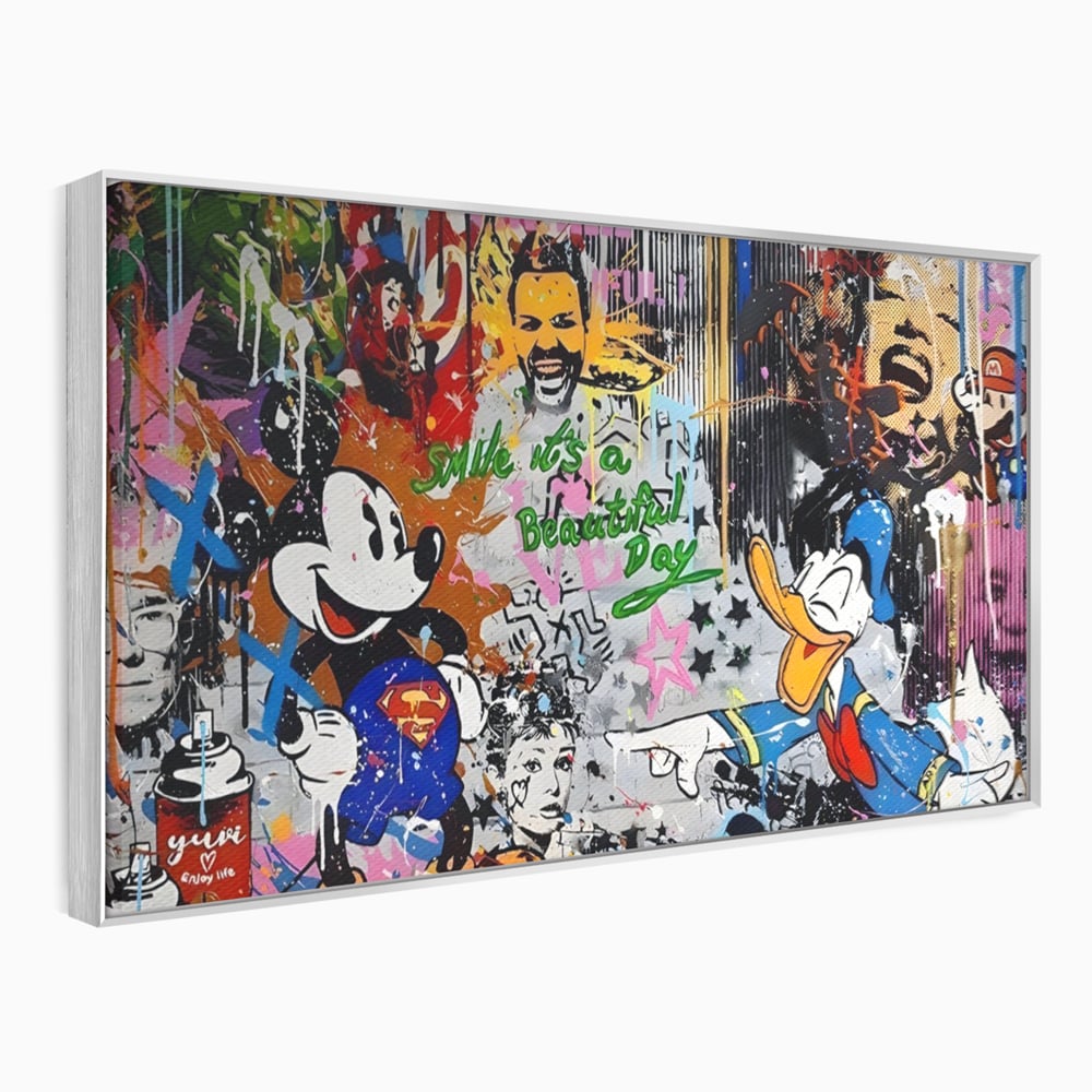 Tablou canvas cu tablou canvas cu graffiti si desene animate, in rama de aluminiu argintiu